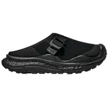 A black slip-on shoe featuring a chunky, textured sole and an adjustable strap, designed for comfort and support.