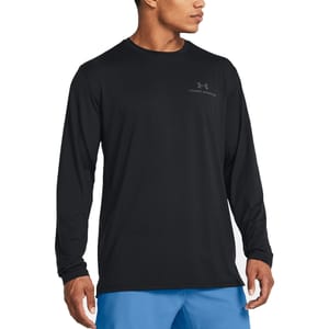 UA Vanish Energy Shirt is a black, long-sleeve athletic top with a small Under Armour logo on the chest, paired with blue shorts.