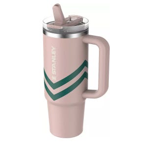 Stanley tumbler with a handle, straw, and chevron design, in a pink and green color scheme.