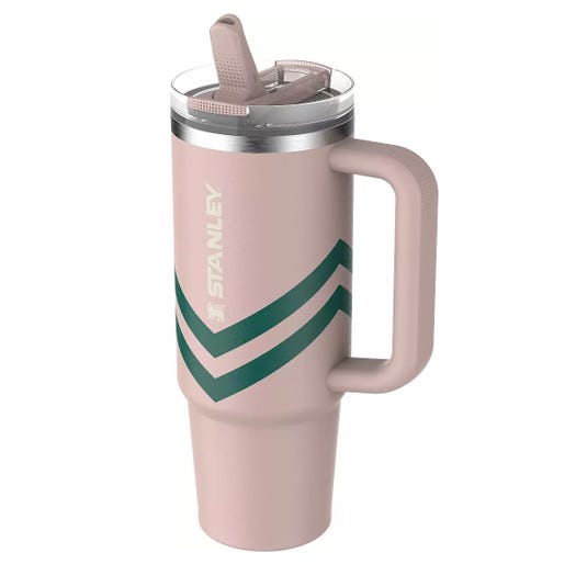 Stanley tumbler with a handle, straw, and chevron design, in a pink and green color scheme.