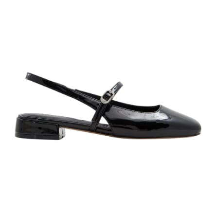 Aldo Huguette Slingbacks are black patent leather shoes featuring a low block heel, a pointed toe, and an adjustable slingback strap with a small buckle for closure.