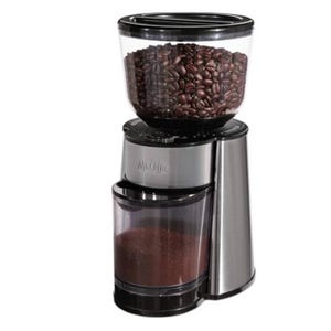 Mr. Coffee Automatic Burr Grinder is a sleek, stainless steel coffee grinder with a clear hopper for beans and an adjustable grind size. It features a transparent container for collecting the ground coffee.