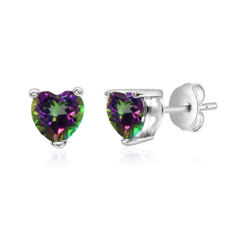 Heart-shaped stud earrings with multicolored gemstones set in a silver-toned metal.