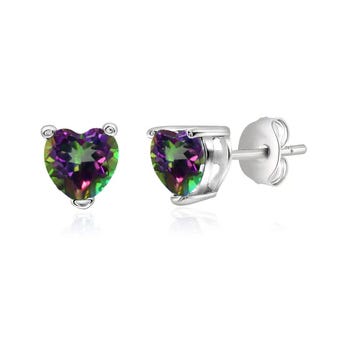 Heart-shaped stud earrings with multicolored gemstones set in a silver-toned metal.