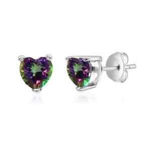 Heart-shaped stud earrings with multicolored gemstones set in a silver-toned metal.