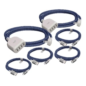 2-pack of 4-port USB hubs with blue braided cables, featuring USB connectors for expanding connection options.