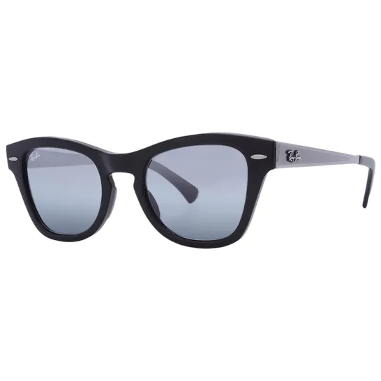 Sleek black sunglasses with blue-tinted lenses feature a wide frame and a silver detailing on the arms, including a small logo.