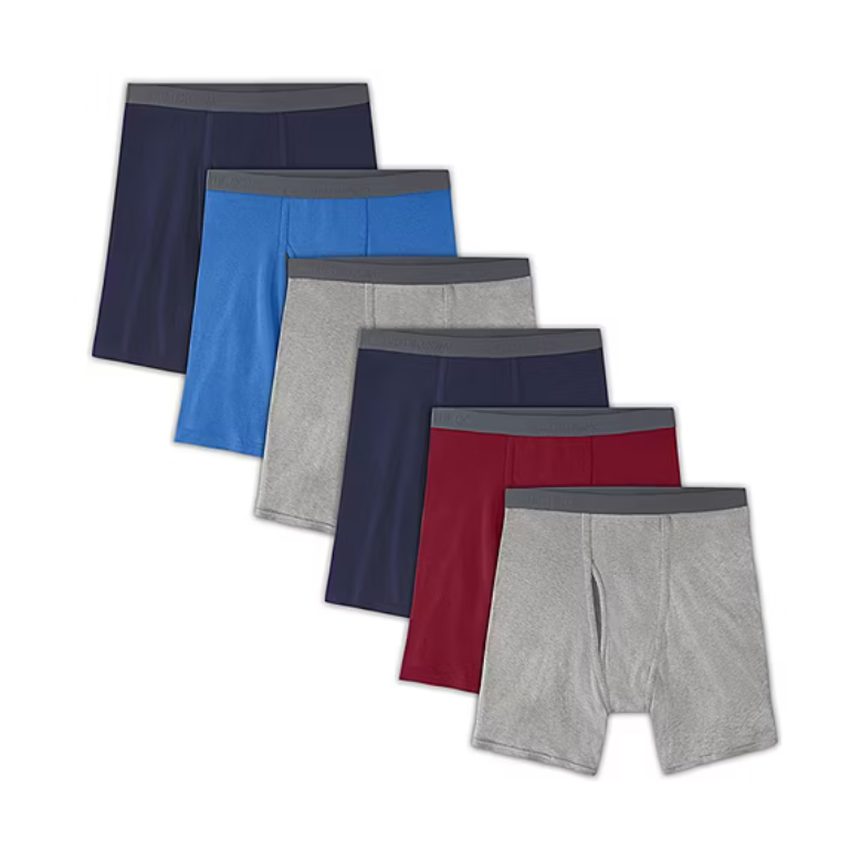 Fruit of the Loom Boxer Briefs, 24-pack, featuring assorted colors like navy, blue, gray, and maroon, each with a gray waistband.