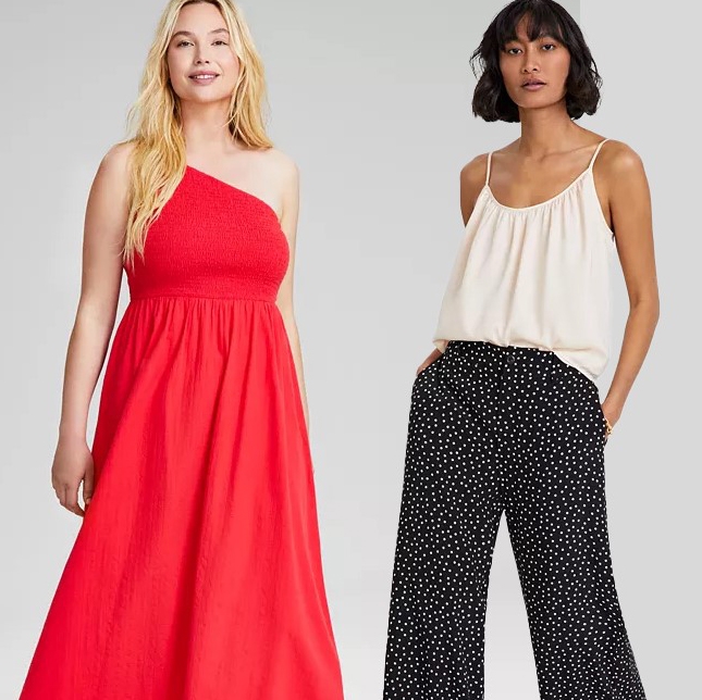 Two women modeling summer clothing, one in a single-shoulder red dress and the other in a cream tank top with black polka dot pants.