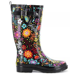 A colorful floral-patterned rubber rain boot with a black base, featuring a decorative buckle strap near the top.