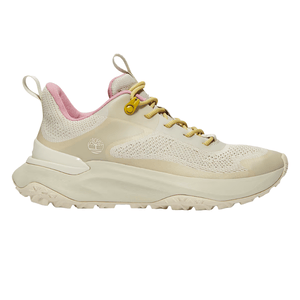A beige sneaker with a pink interior, featuring a textile and synthetic upper, yellow laces, and a tree logo on the side.