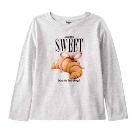 A long-sleeve, gray shirt featuring a croissant with bunny ears and the text \“Always Sweet\“ and \“Enjoy the little things!\“