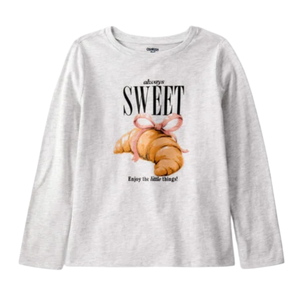A long-sleeve, gray shirt featuring a croissant with bunny ears and the text \“Always Sweet\“ and \“Enjoy the little things!\“