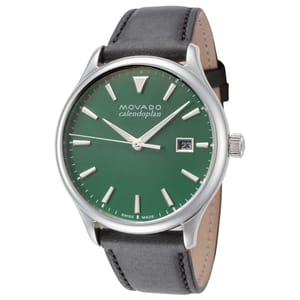 A Movado men's Heritage watch with a green dial, silver-toned case and markers, a date window at the 3 o'clock position, and a grey leather strap.