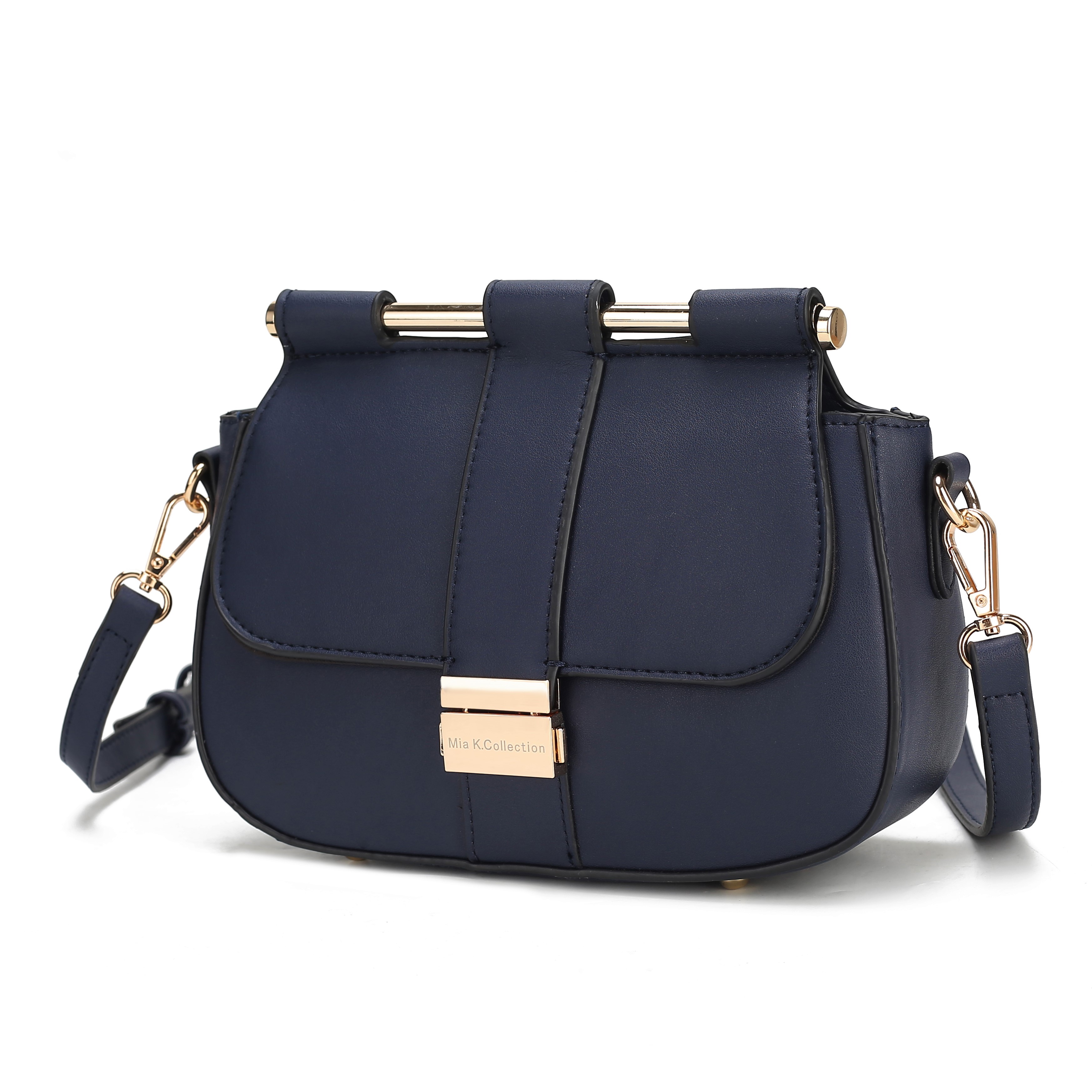 A navy blue crossbody bag with gold hardware and a detachable strap, featuring a flap closure with the \“Mia K. Collection\“ logo.