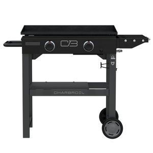 Charbroil 28\“ Gas Griddle with two control knobs, a spacious griddle cooking surface, wheels for mobility, and side shelves for storage, suitable for outdoor cooking.