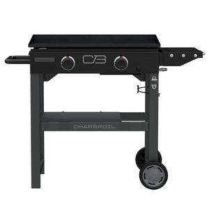 Charbroil 28\“ Gas Griddle with two control knobs, a spacious griddle cooking surface, wheels for mobility, and side shelves for storage, suitable for outdoor cooking.