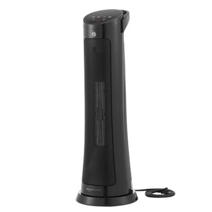 A black tower fan heater with a sleek design, featuring a control panel on top and a visible power cord at the base.