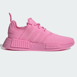 Pink Adidas NMD_R1 shoes with matching pink laces, three stripes, and a textured midsole.
