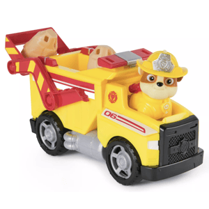 Yellow toy truck with a dog character in a firefighter outfit, featuring a rescue crane and two construction logs.