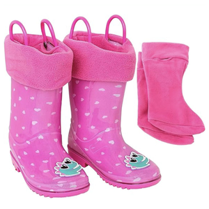 Pink children's rain boots with heart patterns and frog design, featuring removable plush inner liners and handles for easy pulling on.