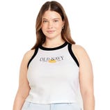 White and black tank top with \“Old Navy\“ printed on the front, worn by a woman with long brown hair.