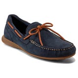 Navy blue suede moccasin with brown leather laces and stitching, featuring a brown rubber sole.