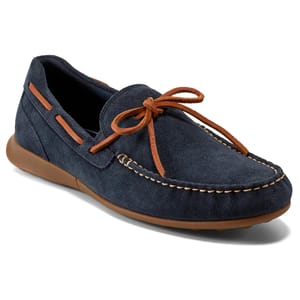Navy blue suede moccasin with brown leather laces and stitching, featuring a brown rubber sole.