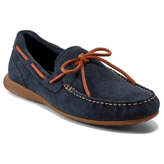 Navy blue suede moccasin with brown leather laces and stitching, featuring a brown rubber sole.
