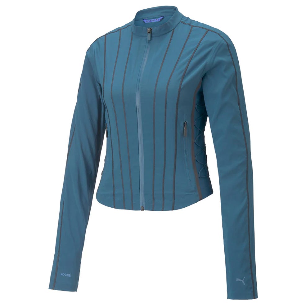 A teal, zip-front, long-sleeve Puma x Koche Packable Lightweight Jacket featuring vertical stripe accents, side lacing details, and small logos on the sleeve and chest.
