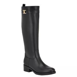 Black knee-high leather boots featuring a low heel, a rounded toe, and a gold-tone buckle detail at the top of the shaft.