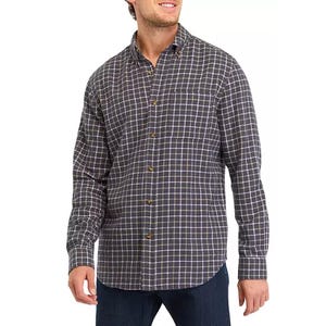Saddlebred Men's Flannel features a gray and white plaid pattern with a button-down front and collar, and long sleeves with buttoned cuffs.