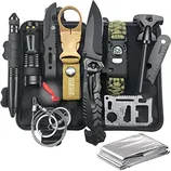 A compact survival kit featuring a tactical pen, flashlight, keychain knife, folding knife, emergency blanket, multi-tool card, bracelet with compass, and fire starter, all housed in a black waterproof case.