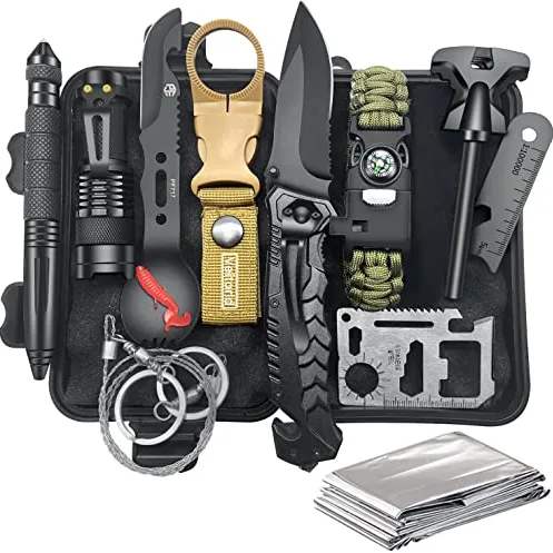 A compact survival kit featuring a tactical pen, flashlight, keychain knife, folding knife, emergency blanket, multi-tool card, bracelet with compass, and fire starter, all housed in a black waterproof case.