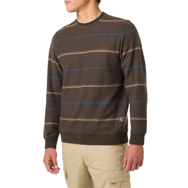 A brown striped crewneck sweater featuring subtle blue and tan lines, paired with beige cargo pants.