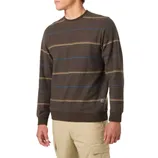 A brown striped crewneck sweater featuring subtle blue and tan lines, paired with beige cargo pants.