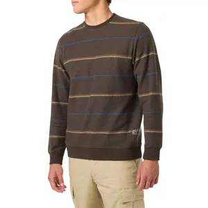 A brown striped crewneck sweater featuring subtle blue and tan lines, paired with beige cargo pants.