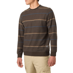 A brown striped crewneck sweater featuring subtle blue and tan lines, paired with beige cargo pants.