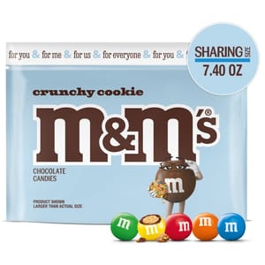 Sharing size 7.40 oz pack of Crunchy Cookie M&M's chocolate candies with colorful pieces and a character holding a cookie.