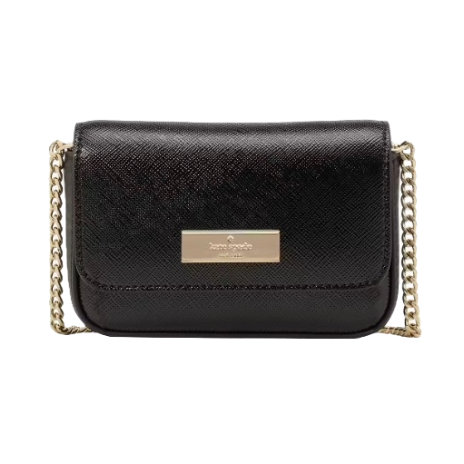 A small black crossbody bag with a gold chain strap and a rectangular gold logo plaque on the front flap.