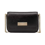 A small black crossbody bag with a gold chain strap and a rectangular gold logo plaque on the front flap.