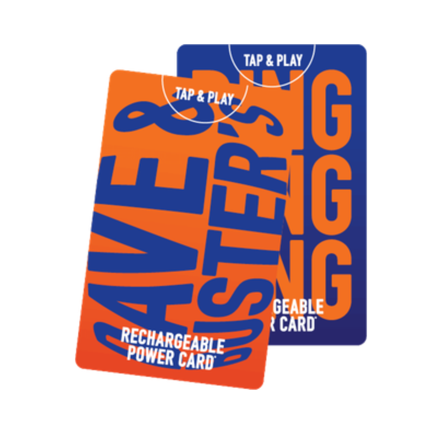 Two overlapping, colorful \“Tap & Play\“ rechargeable power cards, predominantly in orange and blue, from Dave & Buster's.