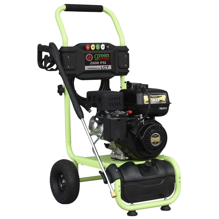 A green and black LCT-powered pressure washer with a 2600 PSI rating, featuring a hose and spray wand mounted on a wheeled frame.