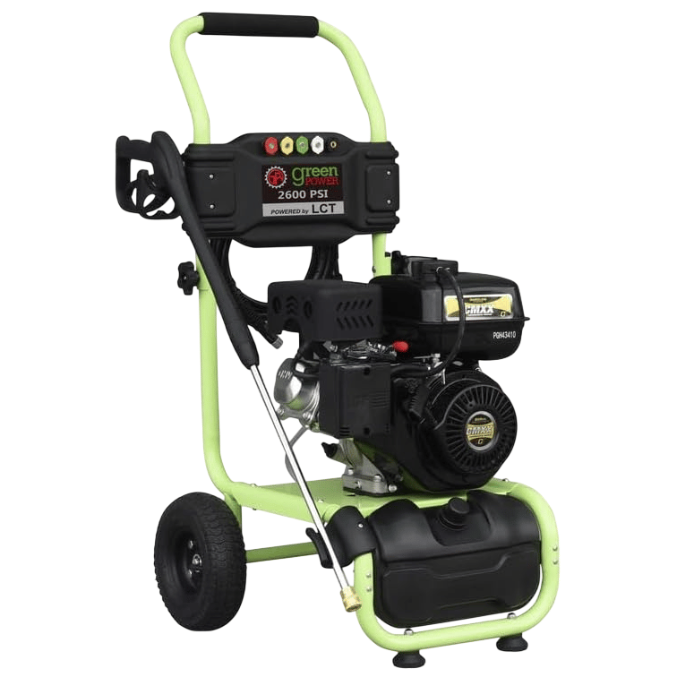 A green and black LCT-powered pressure washer with a 2600 PSI rating, featuring a hose and spray wand mounted on a wheeled frame.