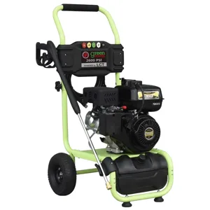 A green and black LCT-powered pressure washer with a 2600 PSI rating, featuring a hose and spray wand mounted on a wheeled frame.