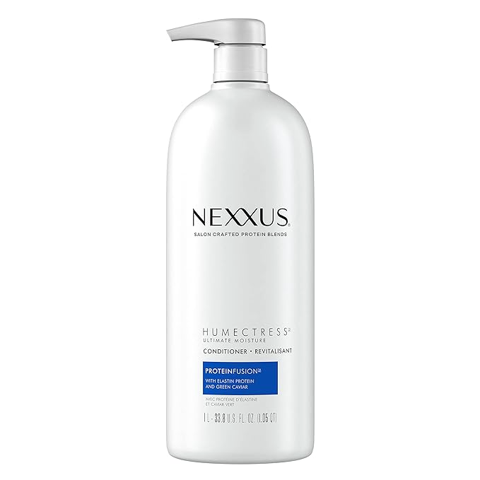 A bottle of Nexxus Humectress Ultimate Moisture Conditioner with ProteinFusion, containing 33.8 fl oz (1 liter).