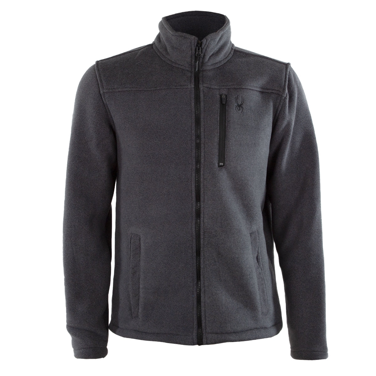 Gray full-zip fleece jacket with a high collar, side pockets, and a logo on the upper chest.