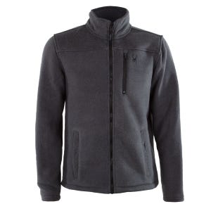 Gray full-zip fleece jacket with a high collar, side pockets, and a logo on the upper chest.
