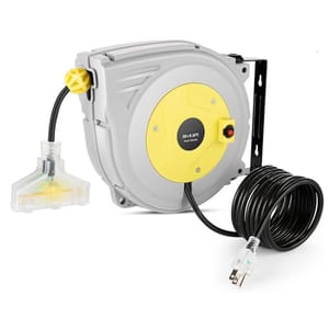 A retractable extension cord reel with a 30-foot cable and a 4-socket end, featuring a yellow and gray plastic casing and a red reset button.
