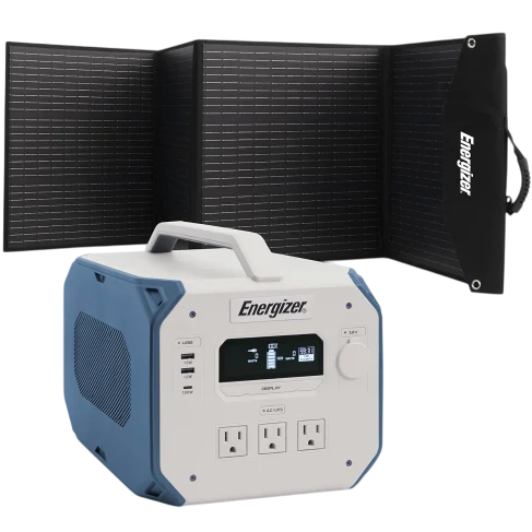 Portable power station with a handle, featuring USB ports and standard outlets, alongside a foldable solar panel for charging.